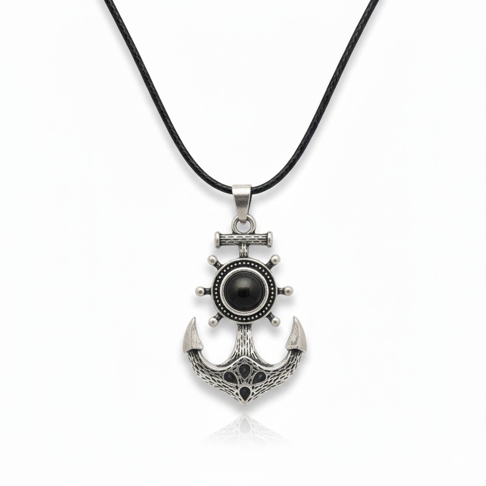 Obsidian Crystal Gemstone‎ Anchor Pendant Necklace - Nautical Ship Wheel Silve